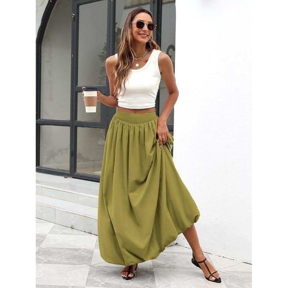 Elleven Women's Puffy Bubble Maxi Skirt w/ Pockets & Elastic Waist - Green - M - Picture 4 of 5